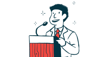 substrate reduction therapy | Pompe Disease News | Illustration of speaker at podium