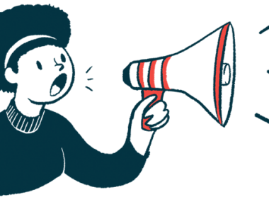 A woman shown making an annoucement using a megaphone.