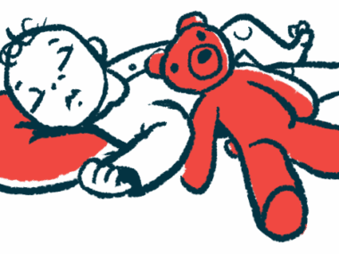 An illustration of a sleeping baby with a teddy bear.