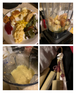Holiday meals with a G-tube | Pompe Disease News | A photo stitch shows a plate of Thanksgiving food being blended and given to Cayden through his G-tube.
