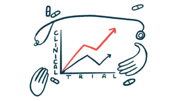 An illustration of a clinical trial graph that's framed by a stethoscope and a pair of hands.