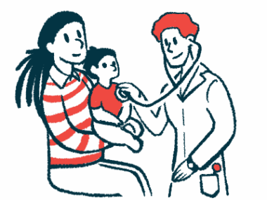 A clinician uses a stethoscope during an examination to listen to the chest of a child who's seated on a parent's lap.