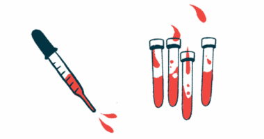 An illustration of a syringe filled with blood next to three blood vials.