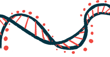 An illustration of a DNA strand highlights its ribbon-like shape.