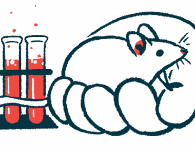 An oversized human hand holds a mouse alongside a rack of filled test tubes.