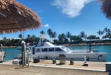 A white catamaran floats next to the dock at the Ko Olina Marina in Oahu, Hawaii. The water is bright blue and there are palm trees in the background.