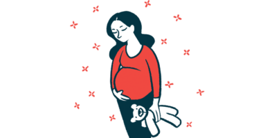 A pregnant woman cradles her belly with one hand while holding a plush toy with the other.
