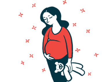 A pregnant woman cradles her belly with one hand while holding a plush toy with the other.
