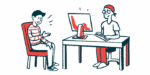 A patient gestures while speaking across a desk to a clinician who's entering data into a computer.
