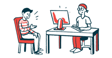 Illustration shows a doctor sitting at a desk, looking at a computer screen while listening to a patient.