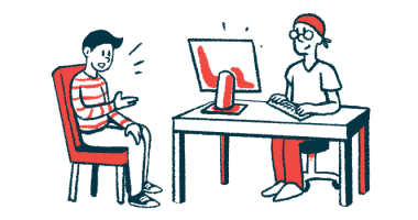 Illustration shows a doctor sitting at a desk, looking at a computer screen while listening to a patient.