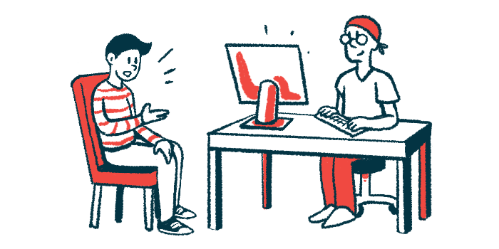 This illustration shows a doctor sitting at a desk, looking at a computer screen while listening to a patient talk.