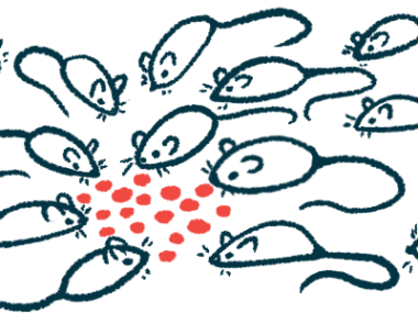 A group of mice are seen clustered in a circle around a scattering of food pellets.