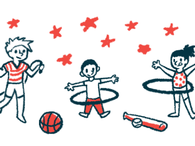 A child jumps rope while two children play with hula-hoops while toys and stars surround them.