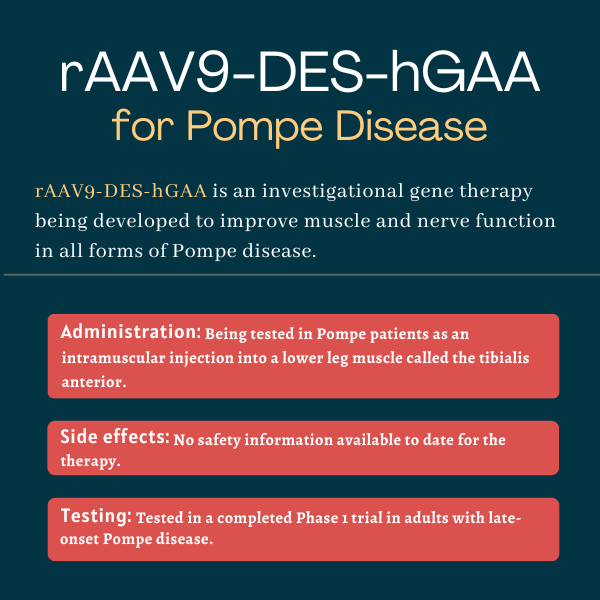 Infographic showing the administration, side effects, and testing of rAAV9-DES-hGAA