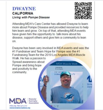 A screenshot of an MDA website profile for Dwayne Wilson. The shot contains a QR Code to read more of Dwayne's story.