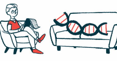 In this illustration of gene therapy, a counselor sits in a chair listening to an oversized DNA strand reclining on a couch.