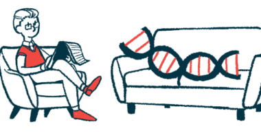 This illustration shows a gene therapy counselor in a chair listening to an oversized DNA strand reclining on a couch.