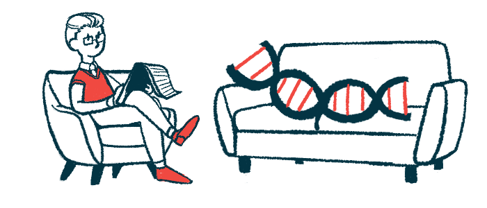 This illustration shows a gene therapy counselor in a chair listening to an oversized DNA strand reclining on a couch.