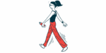 A woman is shown walking for exercise, with a water bottle in one hand.