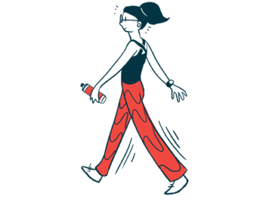 A woman is shown walking for exercise, with a water bottle in one hand.