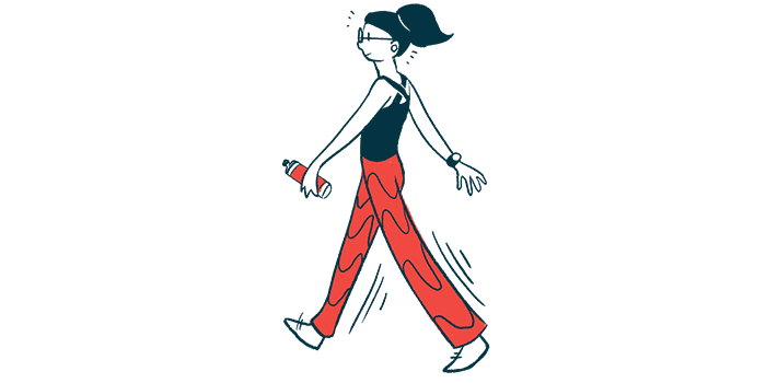 A woman is shown walking for exercise, with a water bottle in one hand.