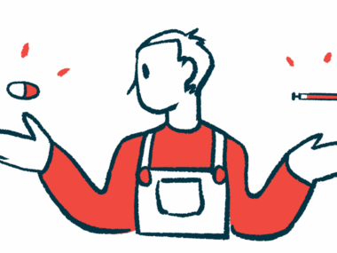 A person weighs two medicine choices, one suspended above each hand: a capsule versus a syringe.