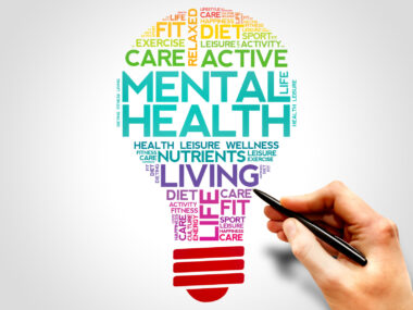 A mental health word cloud in the shape of a lightbulb