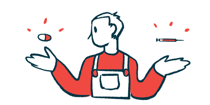 A person wearing overalls weighs two medicine choices, with an oral medication seen above one hand and a syringe above the other.