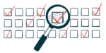 A magnifying glass is shown over a series of boxes, some with check marks.