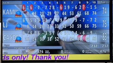 A photo of a bowling scoreboard.