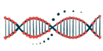 A close-up illustration of a strand of DNA highlights its double-helix structure.