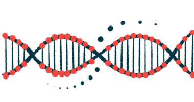 A close-up illustration of a strand of DNA highlights its double-helix structure.