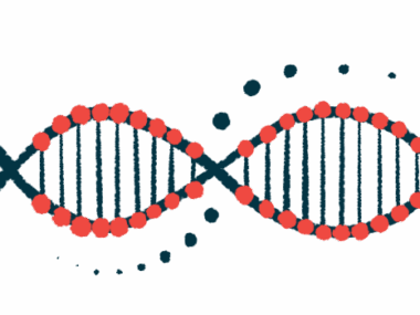 A close-up illustration of a strand of DNA highlights its double-helix structure.