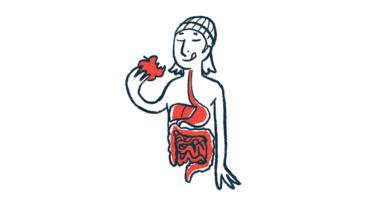 Illustration of person eating an apple, with their digestive tract highlighted.