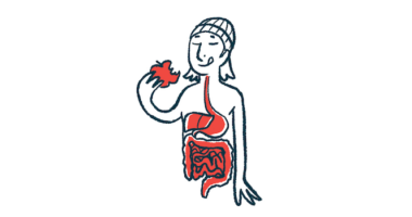 Illustration of person eating an apple, with their digestive tract highlighted.