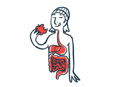 Illustration of person eating an apple, with their digestive tract highlighted.