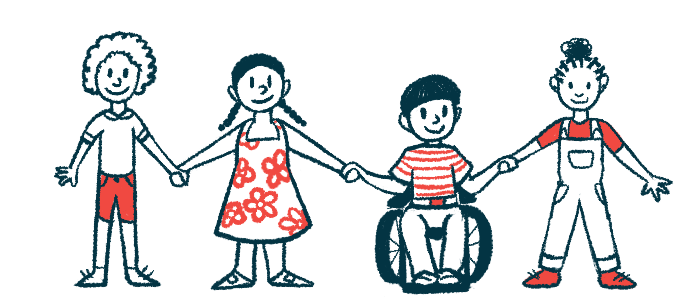 Illustration of four children holding hands, with one in a wheelchair.