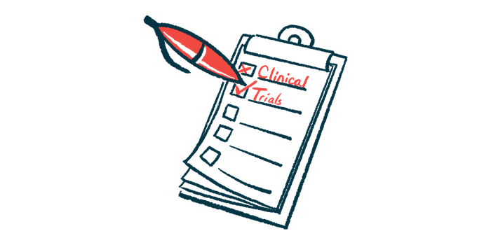 A pen checks off the words CLINICAL TRIALS written on separate lines on a page attached to a clipboard.