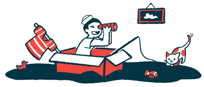 A child pretends to be a sailor, with a cardboard box as a boat and a shirt as a sail.